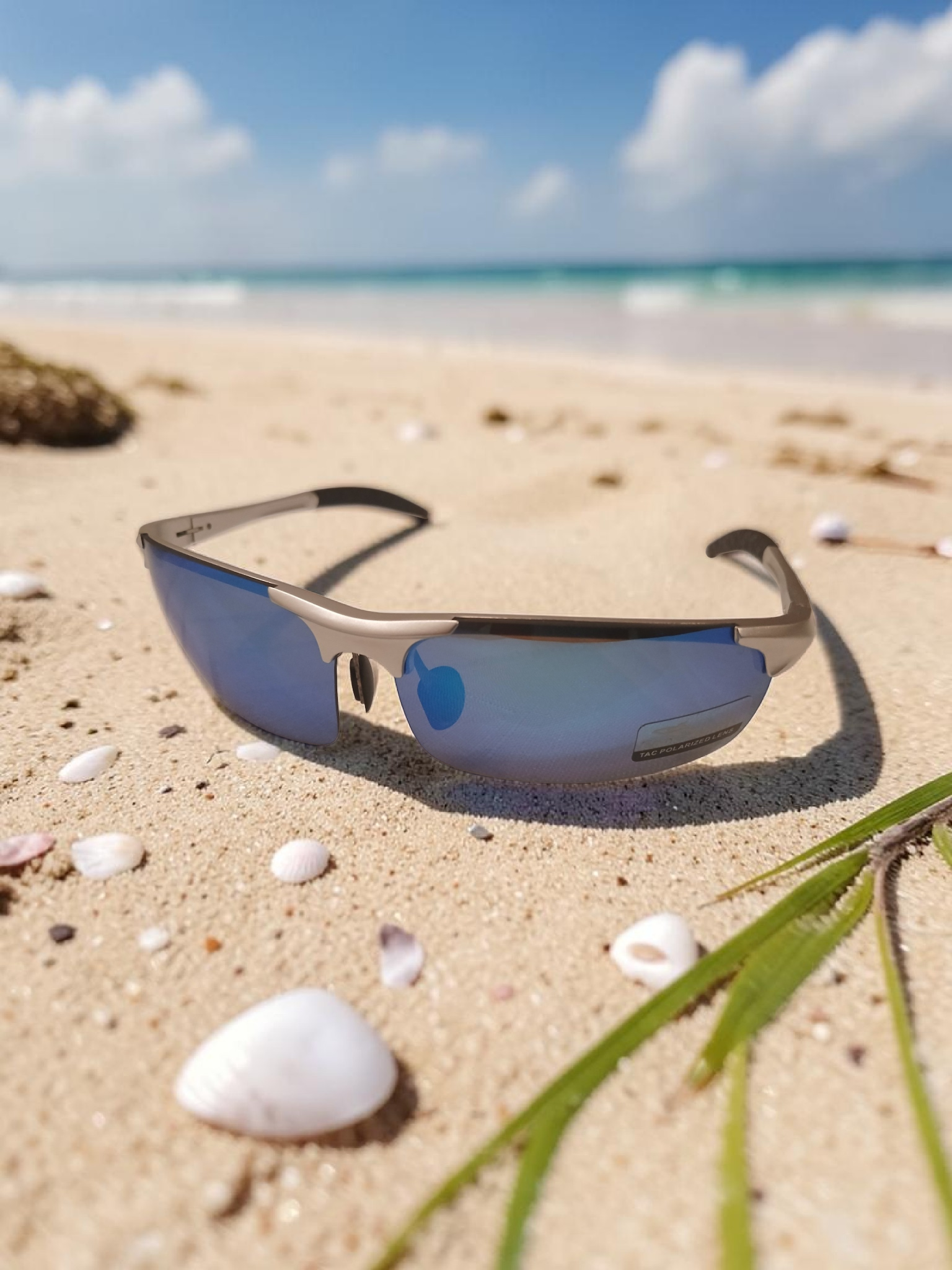 çarşıMarketim Cookshark mavi yansımalı polarize lensli, sportif çerçeveli unisex güneş gözlüğü kumsalda